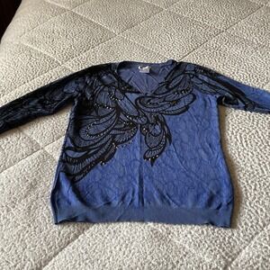 Chagall V-Neck Sweater Womens Medium Blue Excellent Rhinestone Lace Print